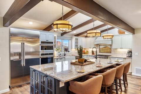 Chef's kitchen with island seating for four.