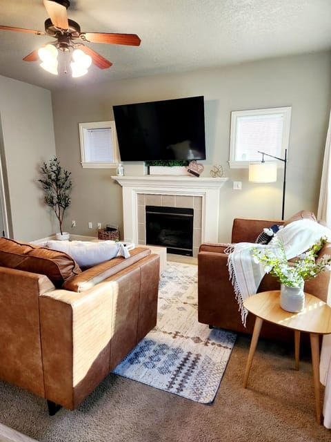 Living room with fireplace and smart Roku TV