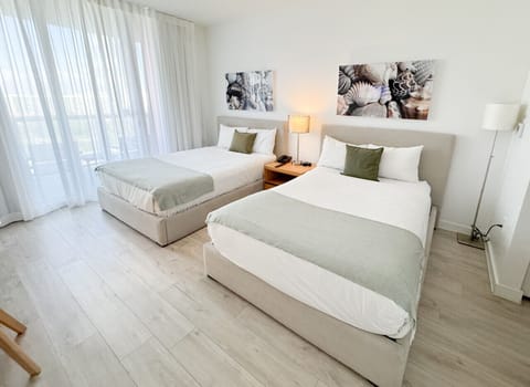 Spacious bedroom with a two beds, flat-screen TV, and bright natural lighting.