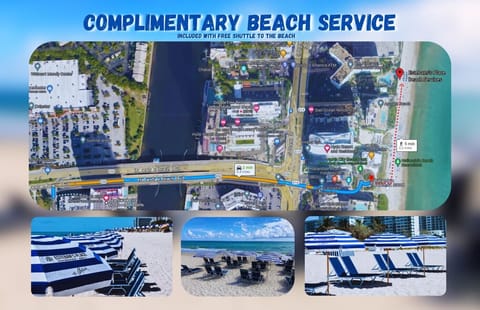 Complimentary beach service with chairs and umbrellas included.