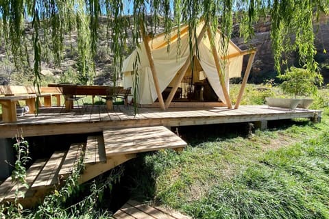 East tent's deck, outdoor seating and soaking tubs