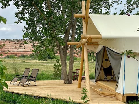 the oversized deck of the West tent with Canyon of the Ancients in the background. Oh, hey, is that an apple tree photobombing us from the right side?