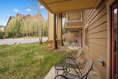 Private patio with outdoor seating.