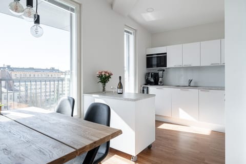 The bright apartment kitchen and dining area