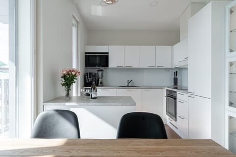 The bright apartment kitchen and dining area