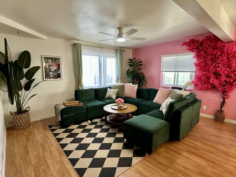 Hi Pamela, We just checked out. I wanted to remind you about duct tape for both the family room and pink room air conditioners need to be redone.  The dishwasher is running and I washed most of the towels and left them on the coach so there should not be 