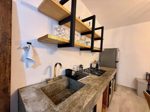 Cocina integrada (barra con estufa integrada, tarja, repisas con tazas, copas y licores, refrigerador, stand con snacks, minibar)