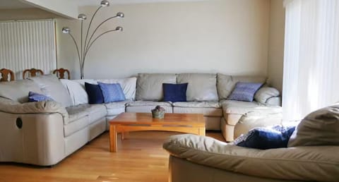 Huge plush couch is very comfy. Recliner and chaise.