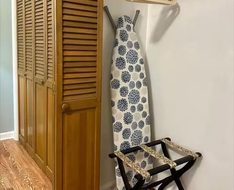 Ironing board, iron, luggage rack and hangers in master closet