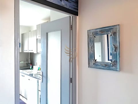 Cuisine compacte et moderne vue à travers une porte. Miroir décoratif maritime sur un mur. Placards gris métallisés, petits appareils sur le plan de travail.