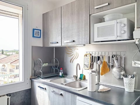 Une cuisine compacte et lumineuse avec un évier, ustensiles accrochés et micro-ondes. Les placards gris et le plan de travail noir renforcent le style moderne minimaliste.