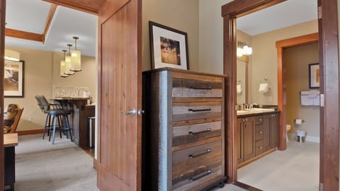 Tall wooden dresser for ample storage space.