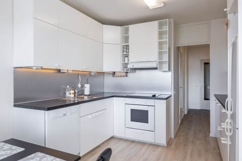 Modern and functional kitchen with a predominantly white and grey color scheme.