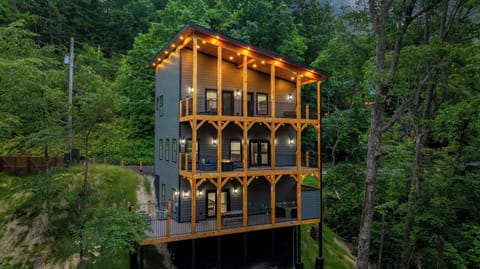 Perched on the mountainside, this stunning multi-level retreat glows with warm lights and rustic elegance—offering sweeping forest views, modern charm, and a cozy escape that feels worlds away.