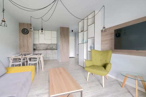 A bright and spacious living room with a fold-out sofa and a flat-screen TV.