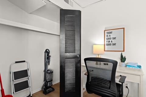 Dedicated work-from-home station with ergonomic chair, lamp, and fast Wi-Fi access.