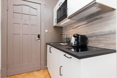 The sleek design of the kitchenette blending seamlessly with the living area.