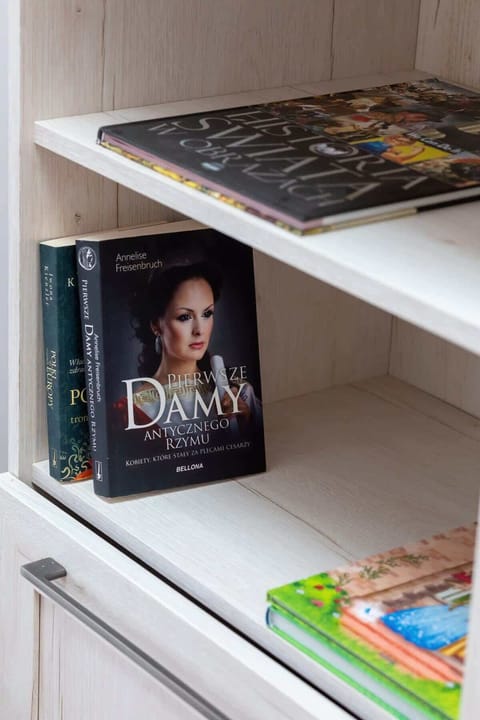 A close-up of a bookshelf filled with books and magazines for entertainment.