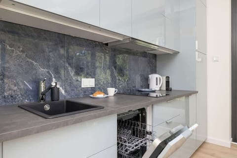 Aneks kuchennyKitchenette with modern cabinetry, marble backsplash and black countertop showcases elegant design.