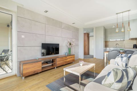 This image shows a living area with light wooden accents, including a TV stand and a large wooden divider. The space feels warm and inviting, with a mix of wood and neutral-colored furniture.
