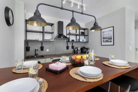 Kitchenette with dining table.