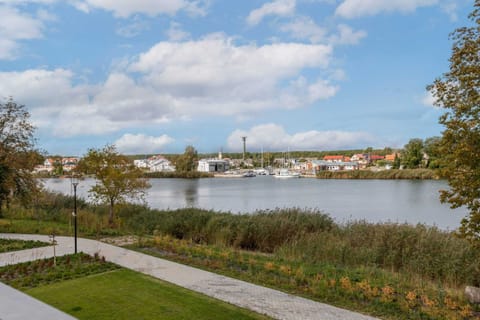 A serene waterfront view, complete with lush greenery and a clear blue sky.
