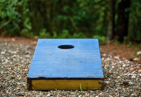 Challenge your group to a round of cornhole right outside the cabin—friendly competition encouraged.