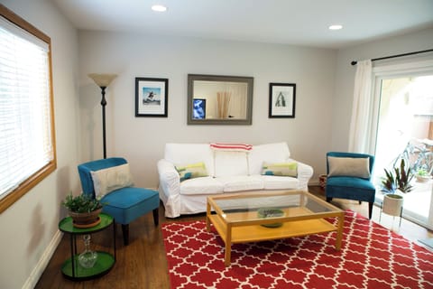 Get comfy in the bright, airy living room