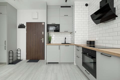 The sleek design of the kitchenette blending seamlessly with the living area.