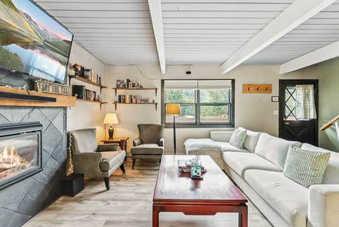 Living room: Main floor, Gas fireplace, Smart TV, pull-out bed