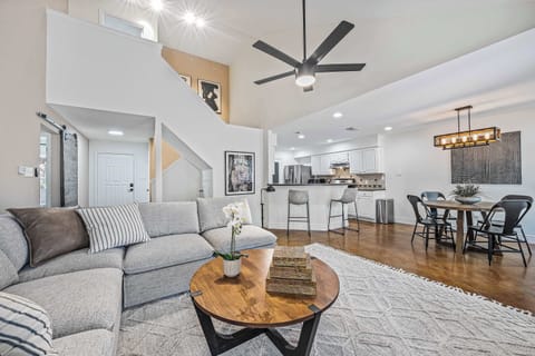 Living room looking towards dining area and kitchen bar