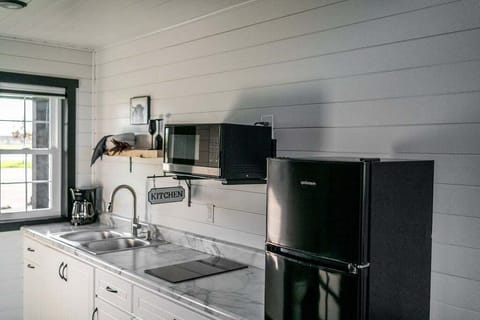 The kitchenette is equipped with a microwave, refrigerator, drip coffee maker, and hot plate.