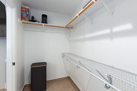 Walk in closet with iron, space heater and hamper