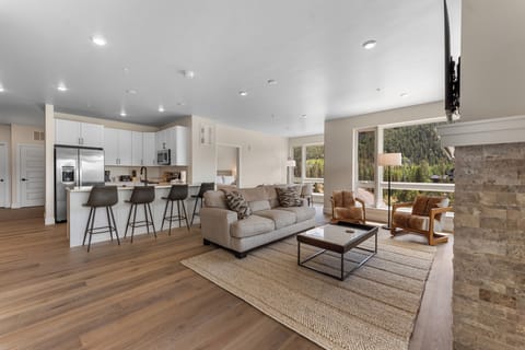 The living area features an electric fireplace, air conditioning, a queen sleeper sofa, and access to the balcony.