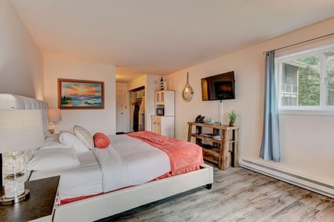 This cozy room highlights a luxurious king-size bed with convenient in-room amenities and a television for entertainment.