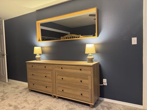 Basement bedroom with plenty of room to unpack and stay a while.