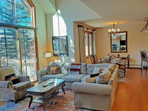 Spacious living room, fireplace, TV, walk-out patio. Lots of natural light!