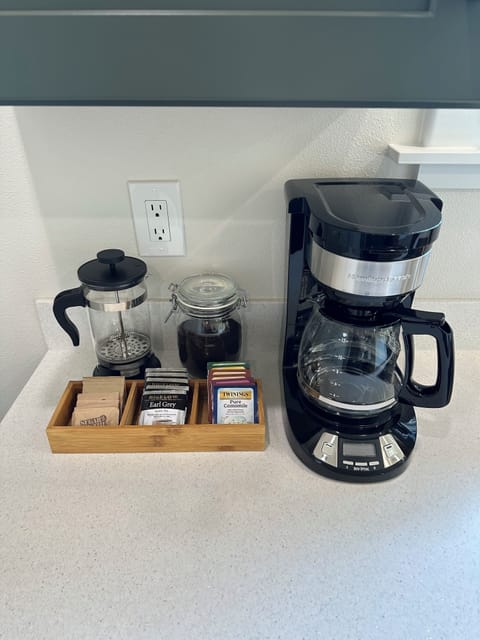 Fresh coffee and tea, drip coffee maker and French Press