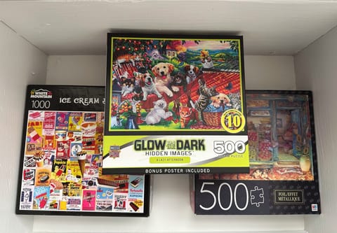 Puzzles in the drawers under the window benches