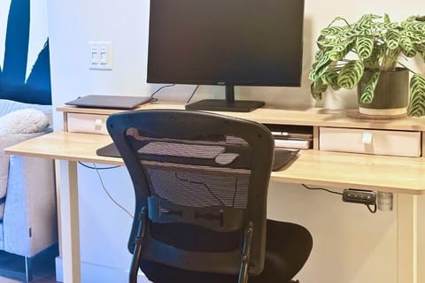 Workstation #1 with a monitor and an electric height-adjustable standing desk.