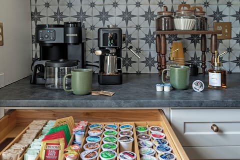 Single cup and drip coffee, espresso and syrups provided.