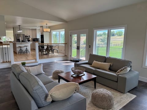 Family room with beautiful views, open to kitchen