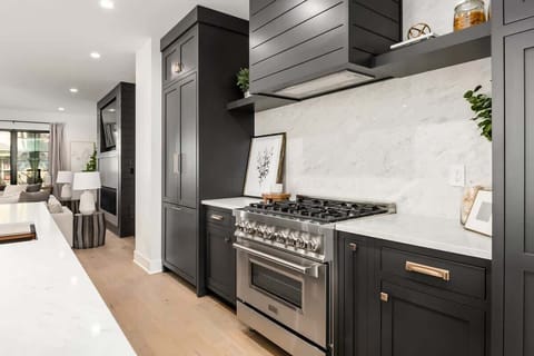 Custom built kitchen with gas burner stove and hidden refrigerator