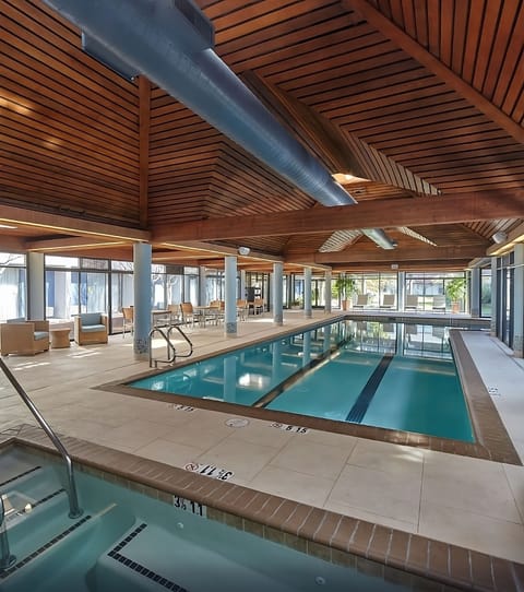 Unwind with refreshing laps beneath warm wood-beam ceilings.