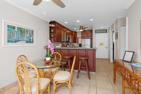 View of the living room, kitchen and the front door from, the lanai