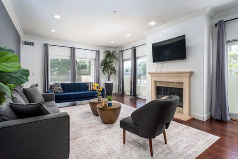 Bright living room with fireplace and modern seating