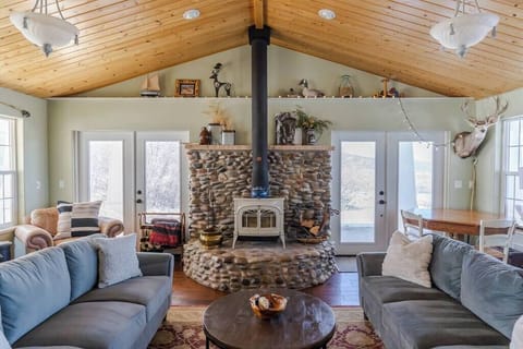 Cozy wood burning fireplace in living room. Wood available outside.