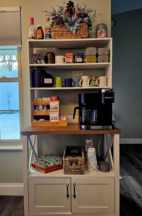 Fully stocked coffee bar with Starbucks reg ground, K-cups, teas, cocoa & more!