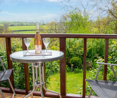 table and chair set with wine and glasses on the decking.