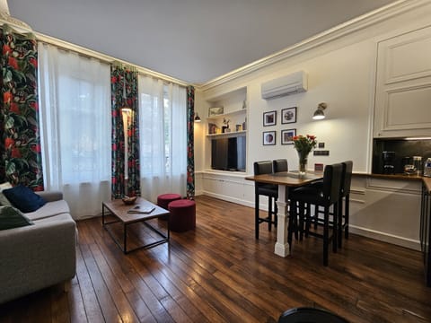 Overview of the living room and dining area